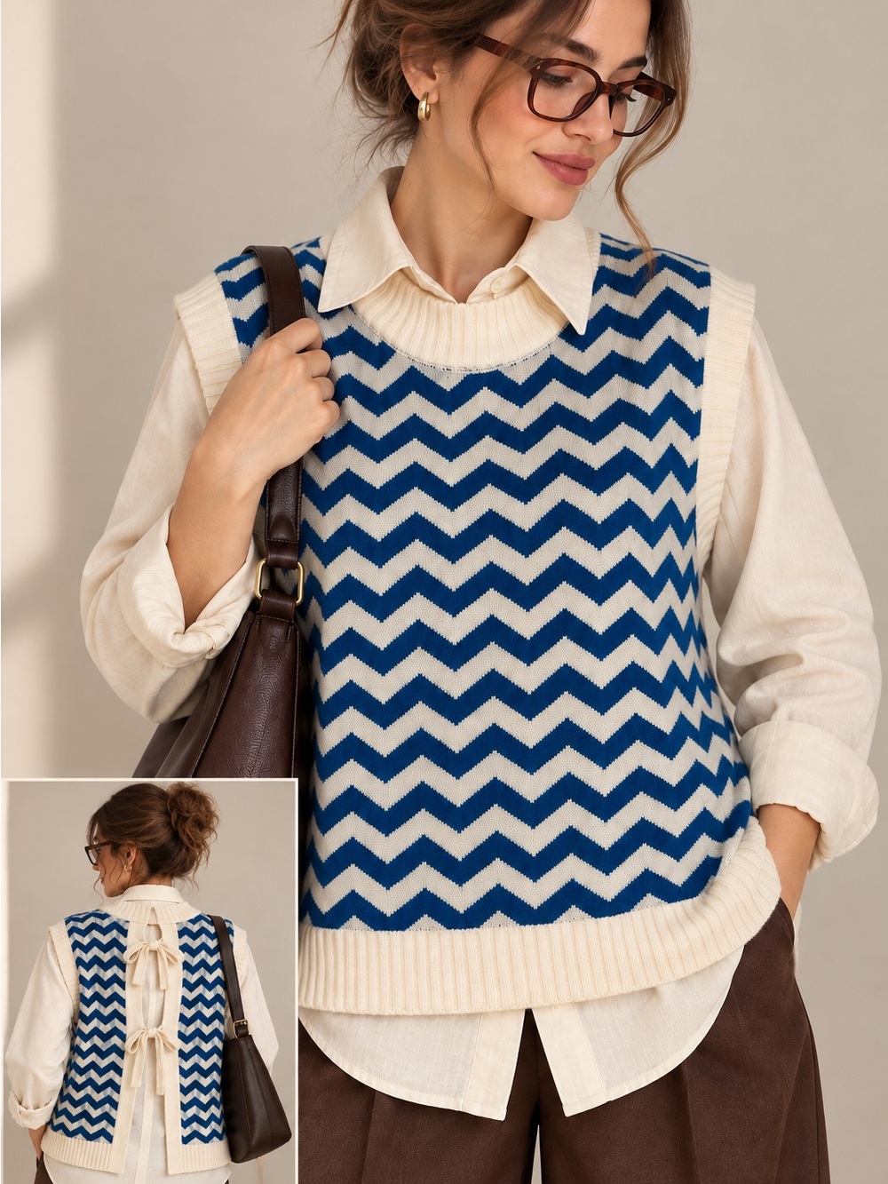 Self Who Wool Blend Chevron Knit Sweater Vest in Blue and Cream